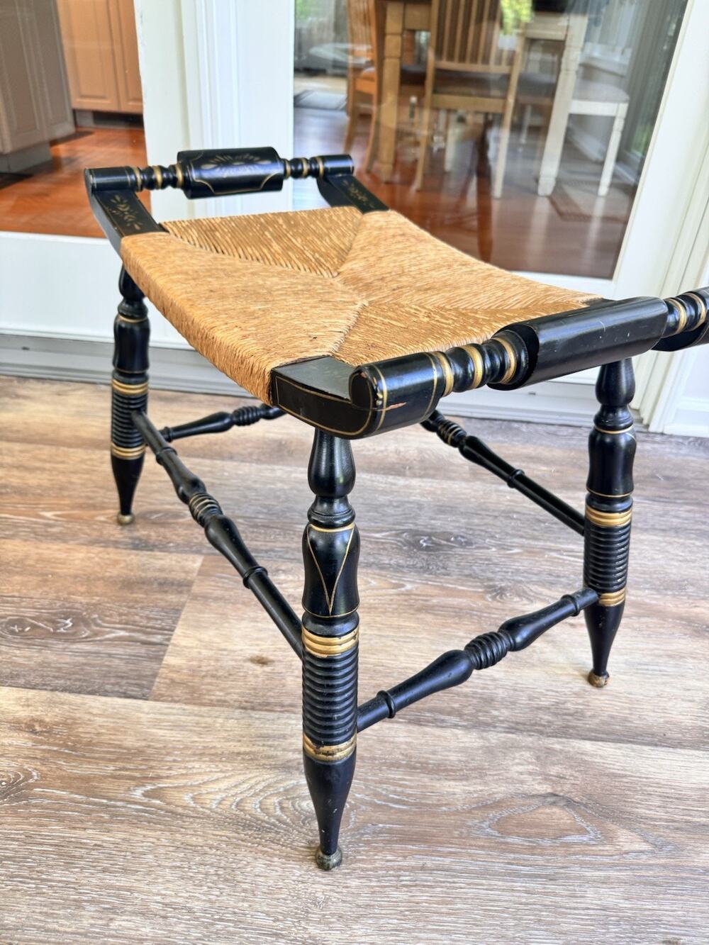 Vintage Hitchcock Style Black and Gold Rush Seat Vanity Bench Stool Entry Bench